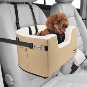 Eyein Puppy Dog Car Booster Seat, Adjustable Height Dog Car Seat Bed Carrier with Cushion and Safety Belt for Back Front Seat Travel, Fully Detachable and Washable, Supports Pets Up to 18lbs