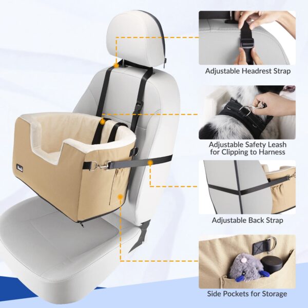 Eyein Puppy Dog Car Booster Seat, Adjustable Height Dog Car Seat Bed Carrier with Cushion and Safety Belt for Back Front Seat Travel, Fully Detachable and Washable, Supports Pets Up to 18lbs - Image 5