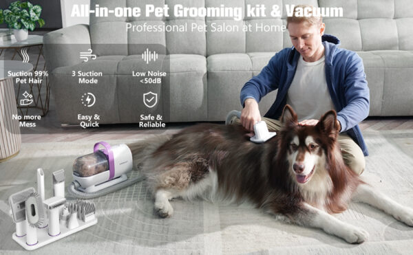 Homeika Dog Grooming Kit, 1.5L Dog Hair Vacuum Suction 99% Pet Hair, 8 Pet Grooming Tools, Storage Bag, 6 Nozzles, Quiet Pet Vacuum Groomer with Nail Grinder, Paw Trimmer, Brush for Shedding Dogs Cats - Image 2