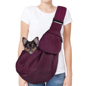 Dog Padded Papoose Sling, Small Pet Sling Carrier Hands Free Carry Adjustable Shoulder Strap Reversible Tote Bag with a Pocket Safety Belt Dog Cat Traveling Subway (5-12lbs, Burgundy)