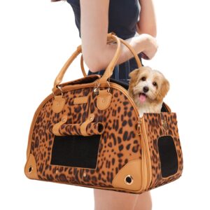 Johomviin Dog Carrier, Cat Carrier, Pet Carrier, Foldable Premium PU Leather Dog Purse, Portable Tote Bag Carrier for Small to Medium Cats and Small Dogs（Leopard Print-Medium