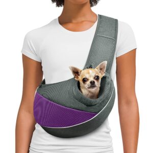 Dog Cat Sling Carrier, Adjustable Padded Shoulder Strap, with Mesh Pocket for Outdoor Travel (S - Up to 5 lbs, Coffee - Grey
