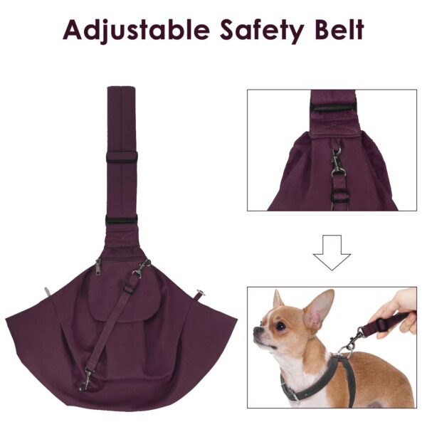Dog Padded Papoose Sling, Small Pet Sling Carrier Hands Free Carry Adjustable Shoulder Strap Reversible Tote Bag with a Pocket Safety Belt Dog Cat Traveling Subway (5-12lbs, Burgundy) - Image 3