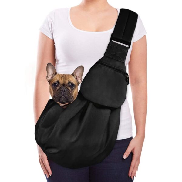 Pet Sling, Hand Free Dog Sling Carrier Adjustable Padded Strap Tote Bag Breathable Cotton Shoulder Bag Front Pocket Safety Belt Carrying Small Dog Cat Puppy Machine Washable (Black, M) - Image 2