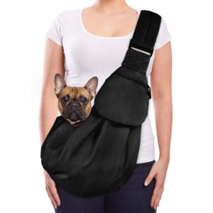 Pet Sling, Hand Free Dog Sling Carrier Adjustable Padded Strap Tote Bag Breathable Cotton Shoulder Bag Front Pocket Safety Belt Carrying Small Dog Cat Puppy Machine Washable (Black, M)