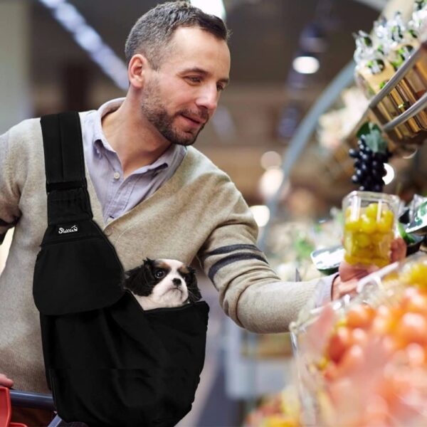 Pet Sling, Hand Free Dog Sling Carrier Adjustable Padded Strap Tote Bag Breathable Cotton Shoulder Bag Front Pocket Safety Belt Carrying Small Dog Cat Puppy Machine Washable (Black, M) - Image 3