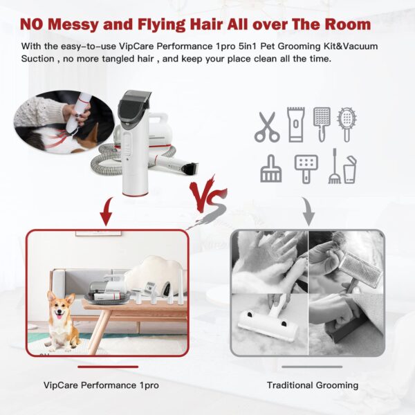 VipCare Pet Grooming Kit & Vacuum Suction - 5in1 Dogs & Cats Grooming Tools & Kits Included Grooming Brush, Cleaning Brush, Cleaning Nozzle, Deshedding Tool and Hair Clipper for Dogs Cats - Image 7